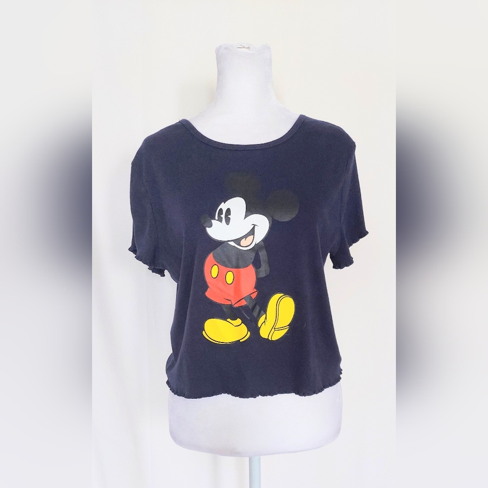 Disney Ruffle Short Sleeve Cropped Mickey Mouse T Shirt Navy Blue Size XL